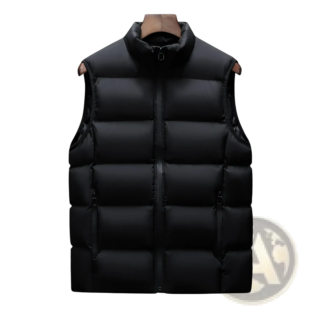 Black quilted puffer vest with high collar and front zipper cotton waistcoat for casual menswear