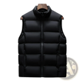 Black quilted puffer vest with high collar and front zipper cotton waistcoat for casual menswear