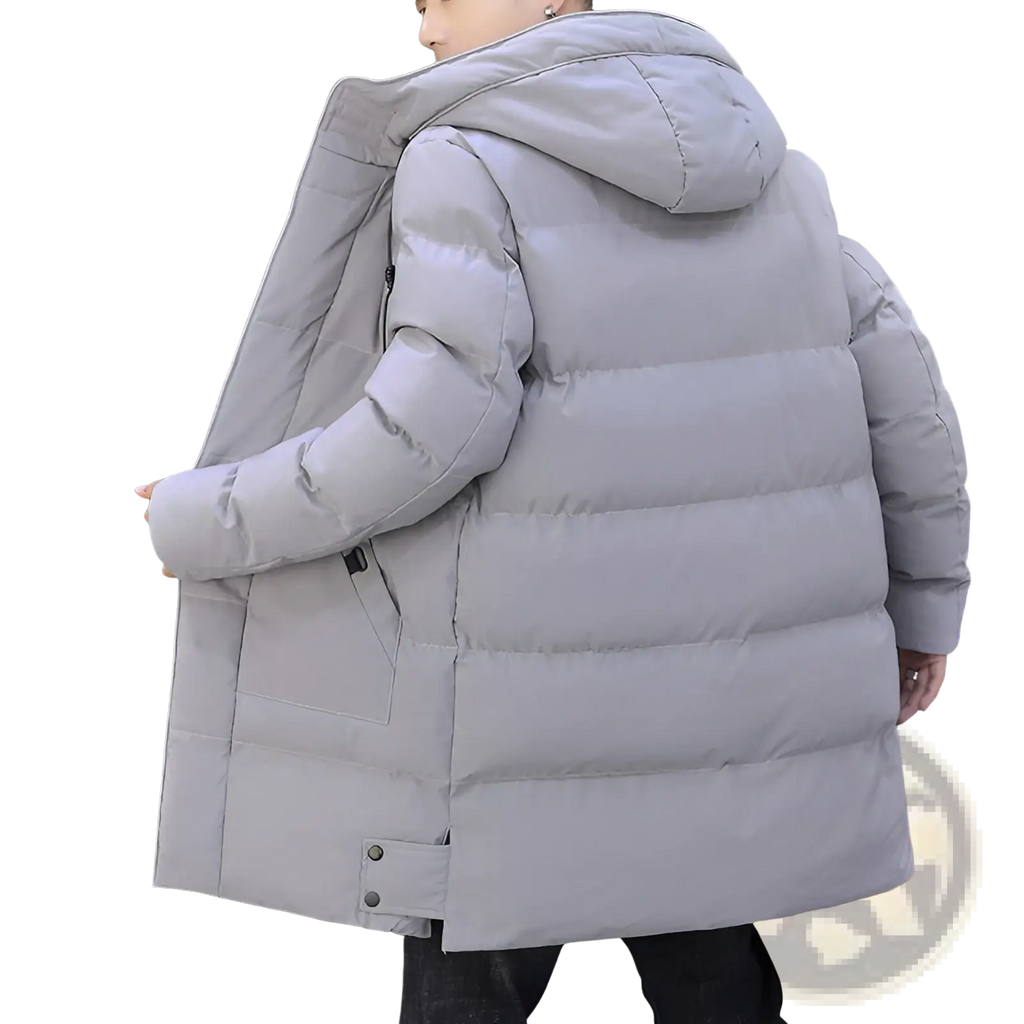Light gray men’s quilted down windproof puffer jacket with hood and front zipper for cold weather protection