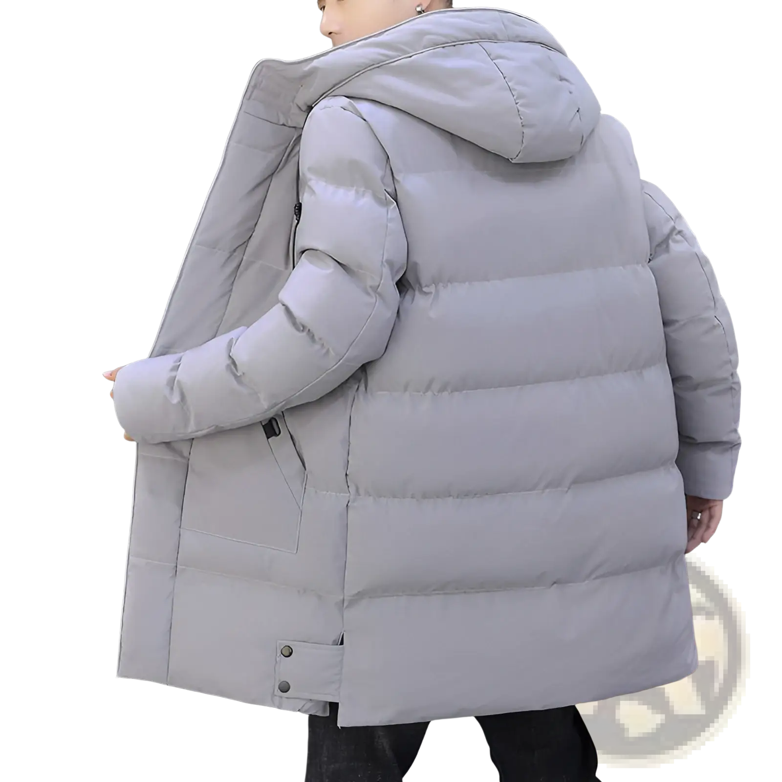 Light gray men’s quilted down windproof puffer jacket with hood and front zipper for cold weather protection