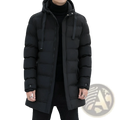 Men’s black quilted windproof hooded puffer jacket with drawstring and front zipper for winter wear