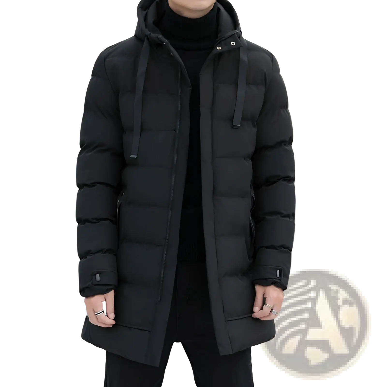 Men’s black quilted windproof hooded puffer jacket with drawstring and front zipper for winter wear