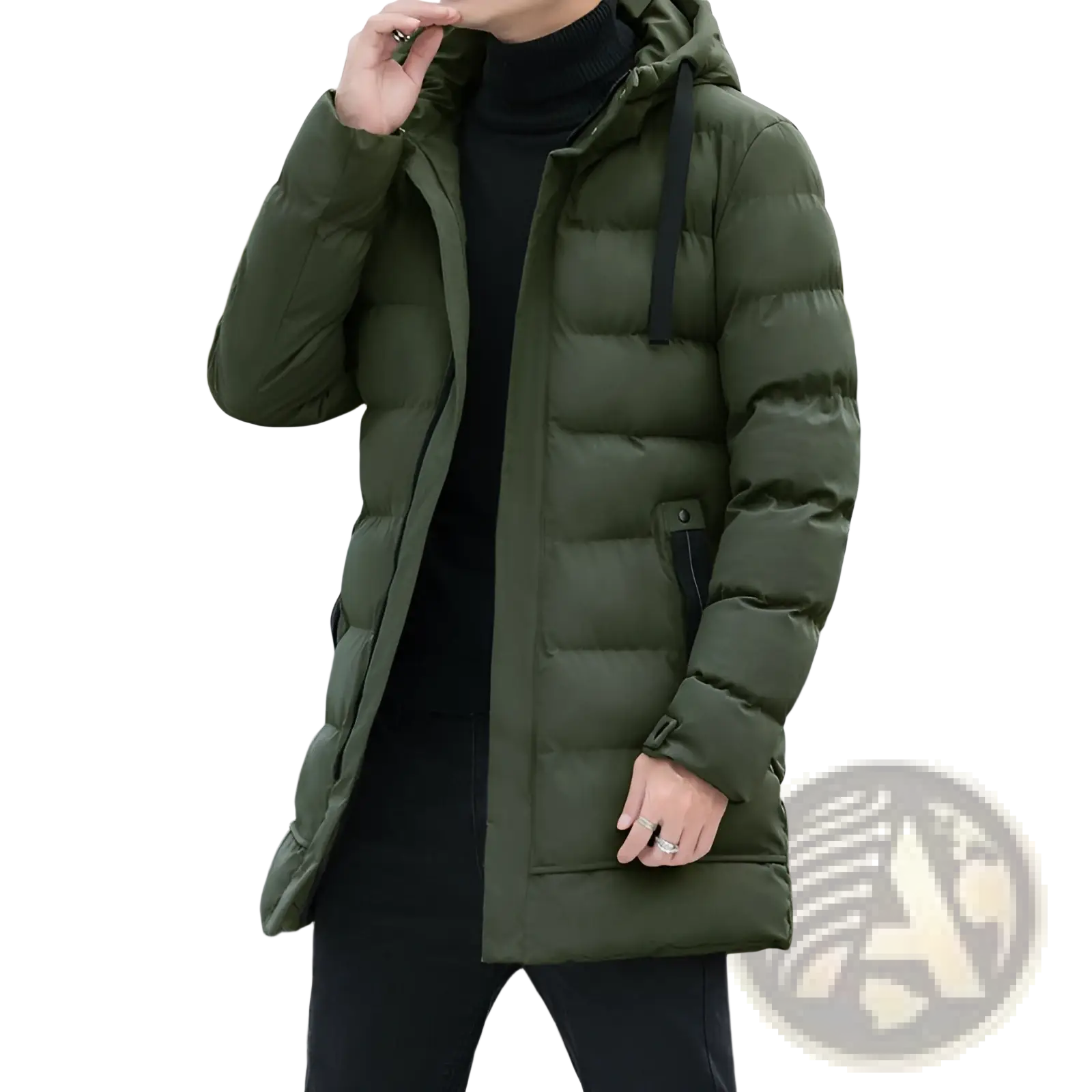 Men’s olive green quilted windproof hooded puffer jacket with black drawstrings and zipper accents for winter wear
