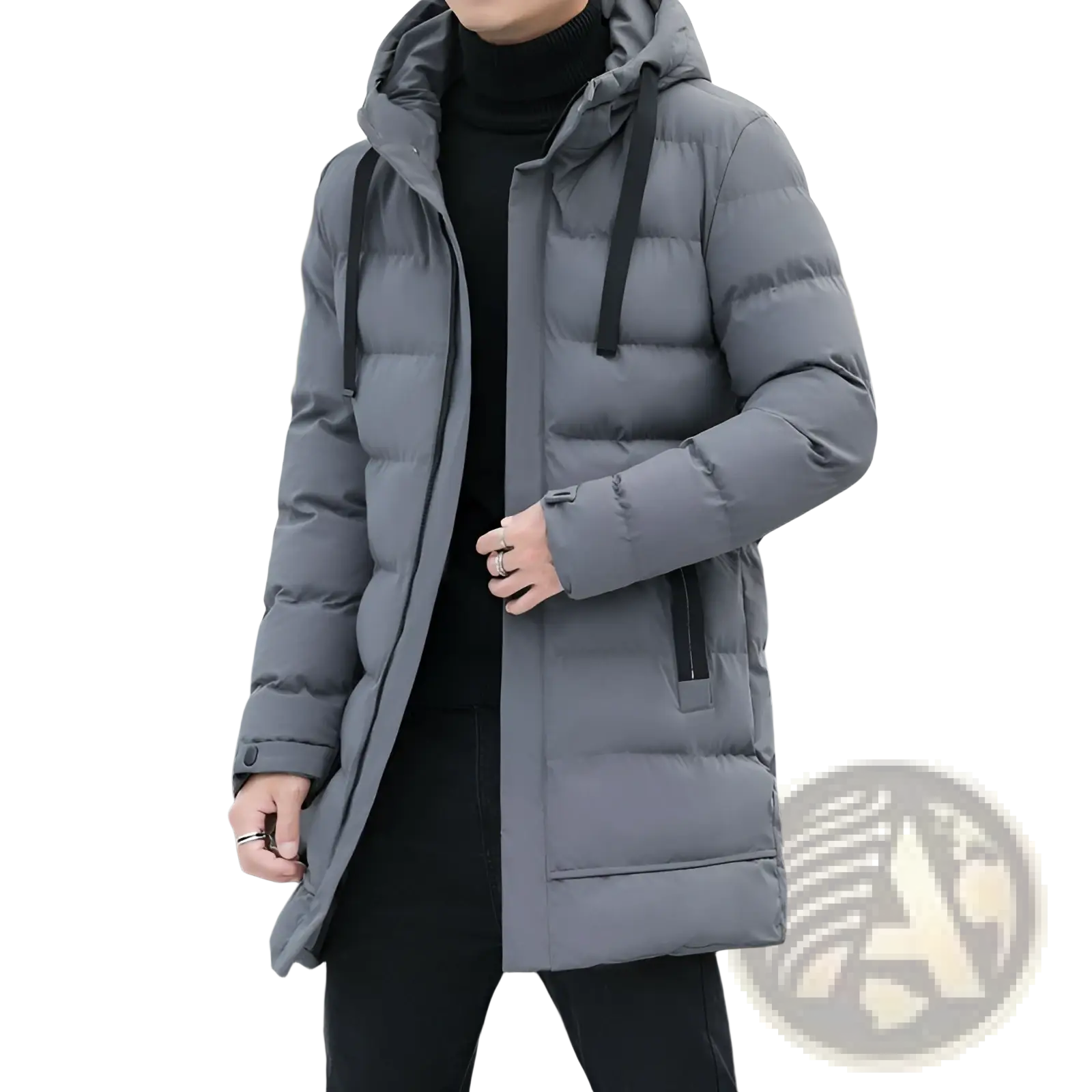 Men’s gray quilted windproof puffer jacket with hood and black drawstrings for cold weather protection