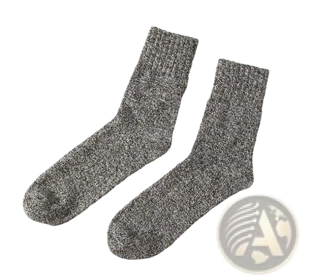 A pair of men’s rabbit fur winter socks in heather gray with textured knit and ribbed cuff for warmth and comfort