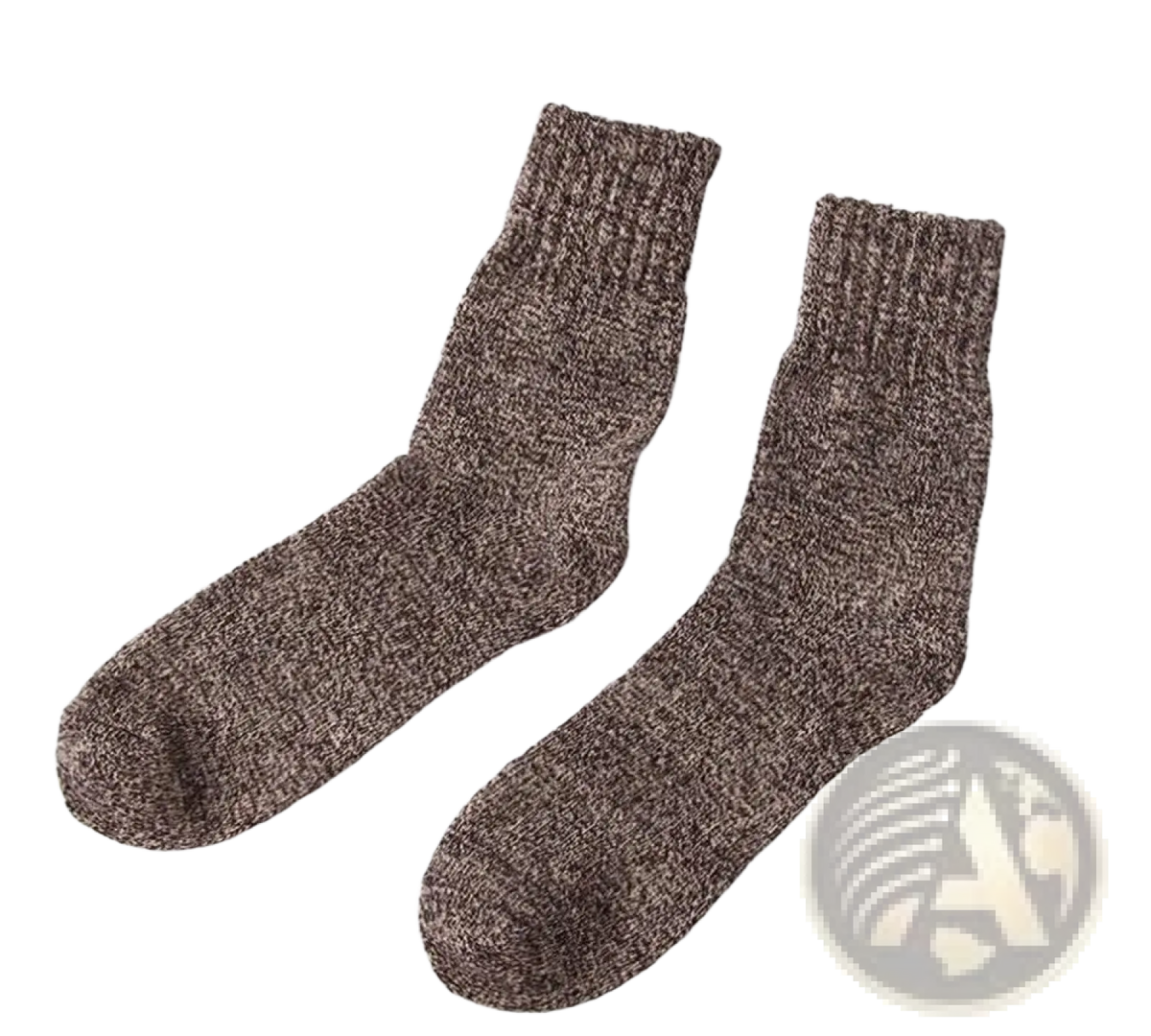 A pair of men’s rabbit fur winter socks in heathered brown knit with ribbed cuff for cozy warmth