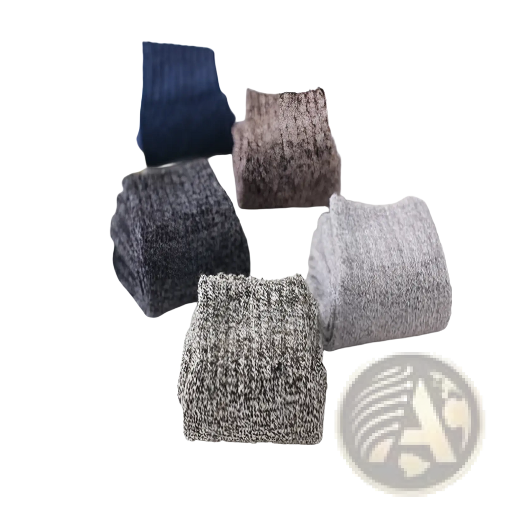 A collection of men’s rabbit fur winter socks in cozy ribbed knit fabric with neutral tones including navy and gray