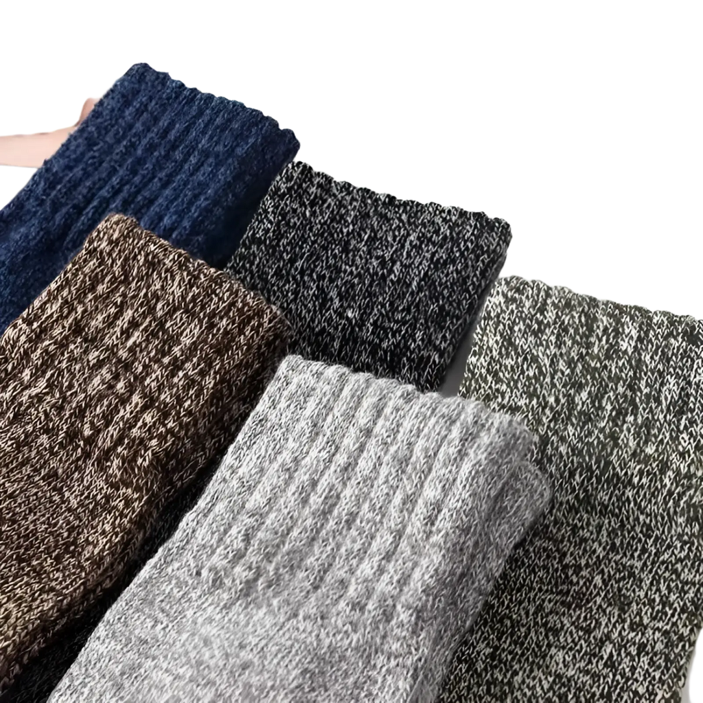 A collection of men’s rabbit fur winter socks in ribbed knit in navy blue brown gray black and olive green