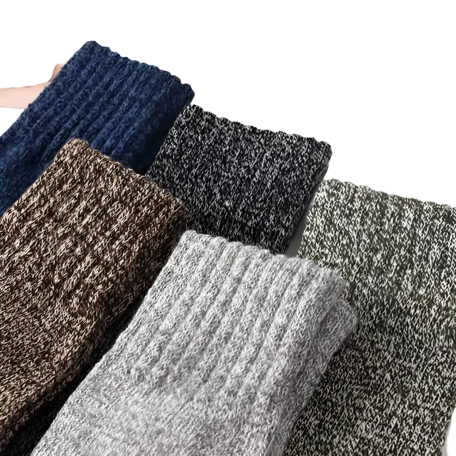 A collection of men’s rabbit fur winter socks in ribbed knit in navy blue brown gray black and olive green