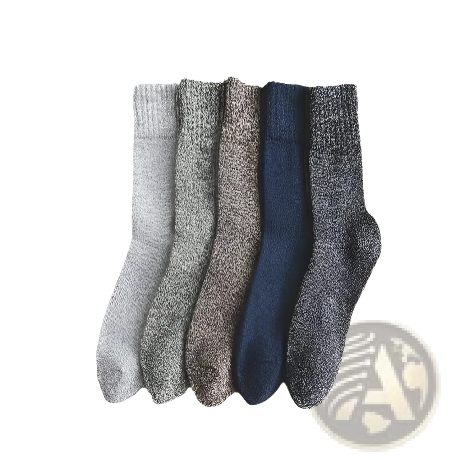 Five pairs of men’s rabbit fur winter socks in cozy knit with textured patterns in gray beige and navy blue tones