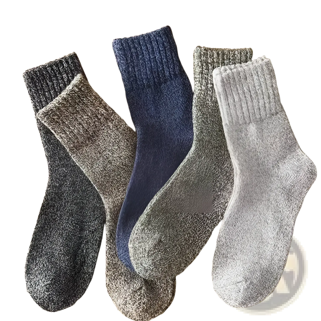 Men’s rabbit fur winter socks in muted gray and blue tones with ribbed cuffs made from heathered blends