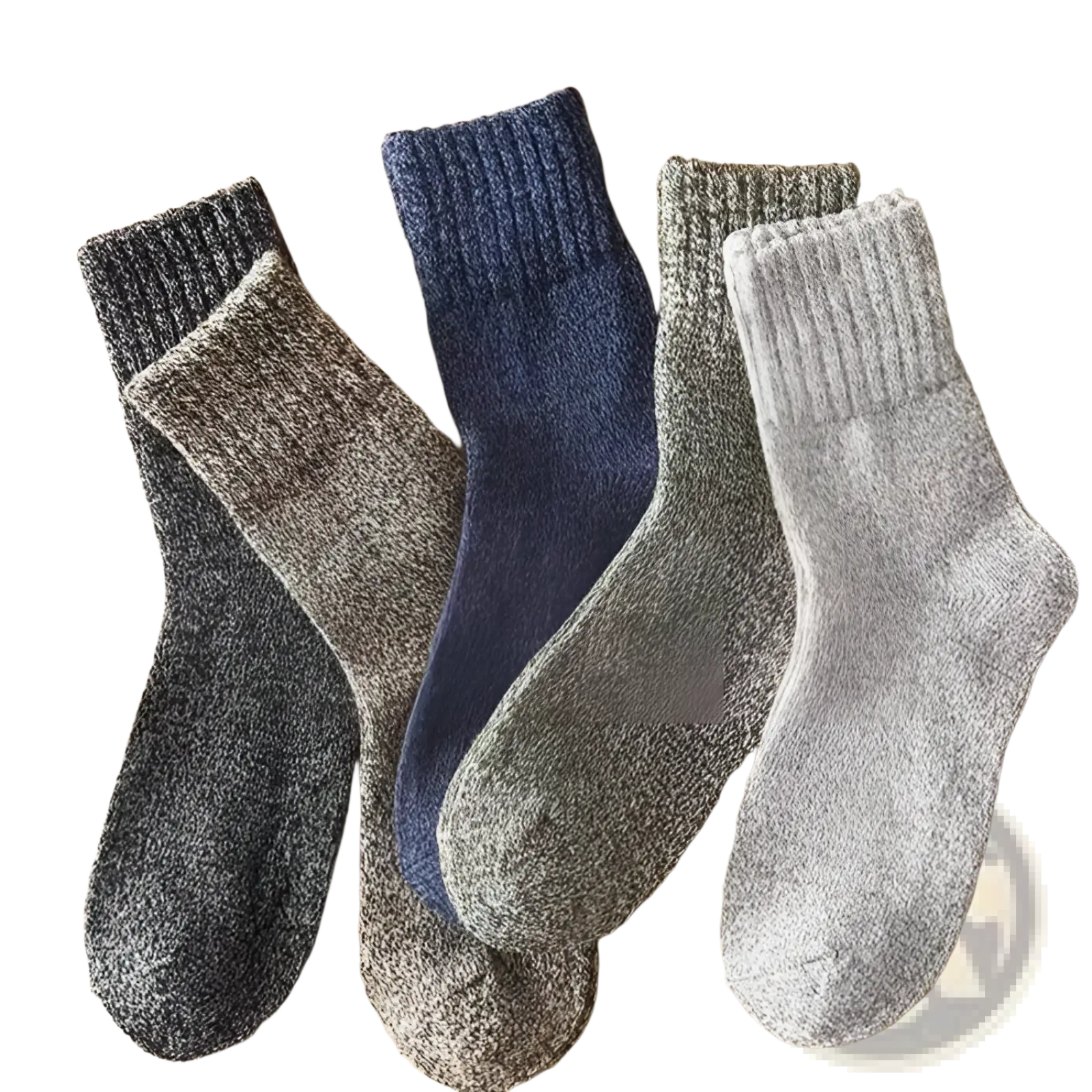 Men’s rabbit fur winter socks in muted gray and blue tones with ribbed cuffs made from heathered blends