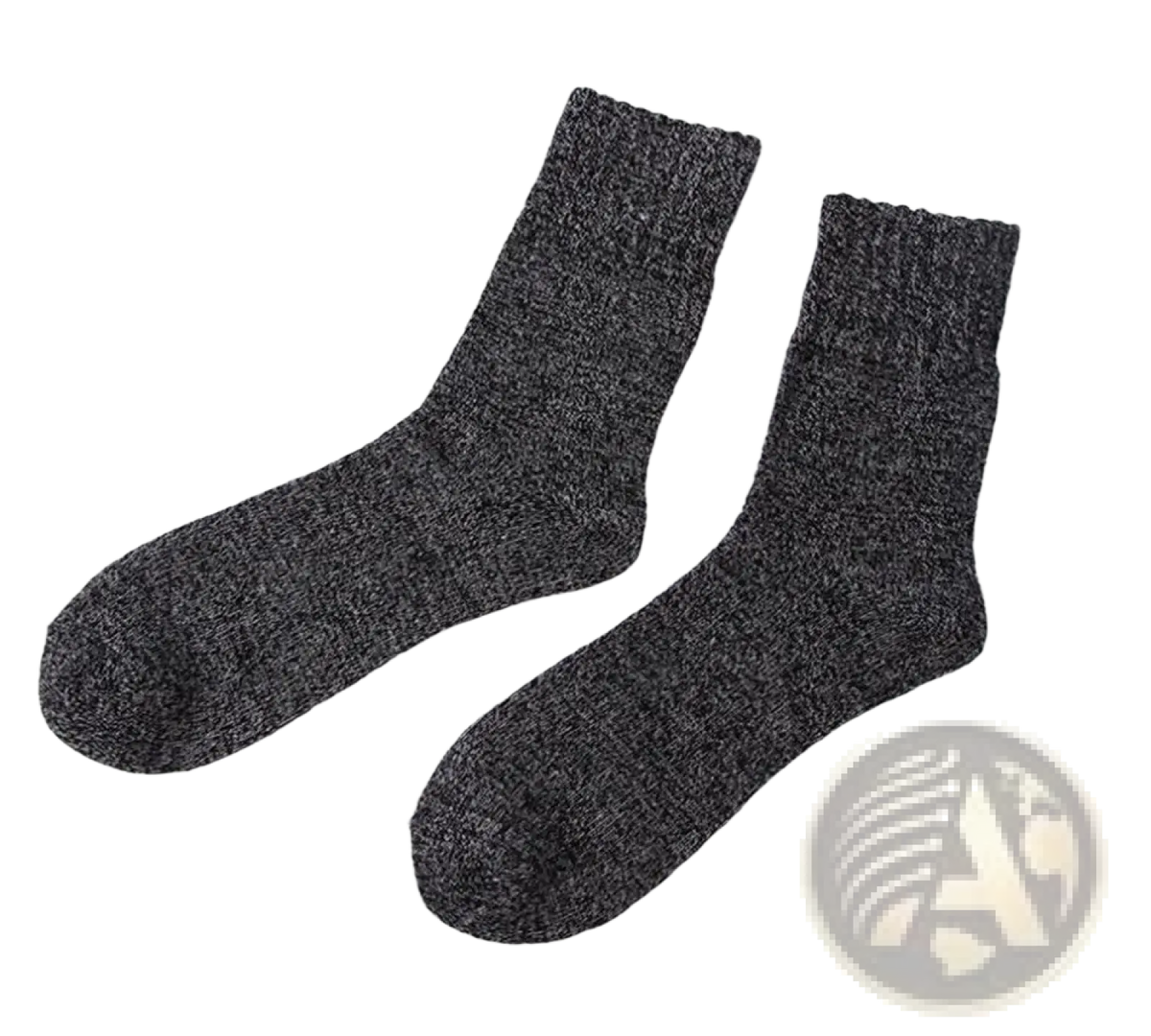 A pair of dark gray textured knit men’s rabbit fur winter socks with ribbed cuff for cold weather warmth