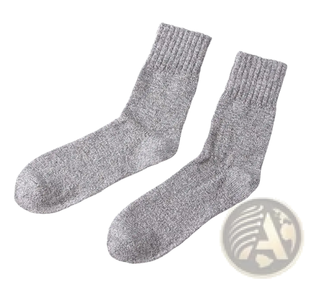 A pair of men’s rabbit fur winter socks in heather gray ribbed knit with soft textured fabric and classic crew length