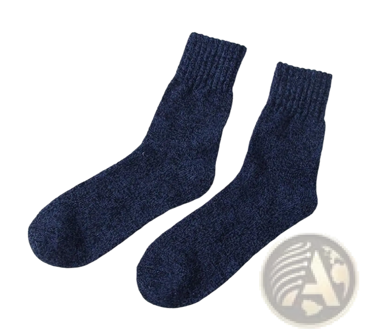 A pair of men’s dark navy blue ribbed-knit ankle socks made with soft rabbit fur for winter use