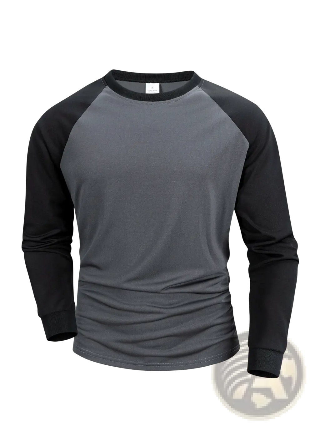Mens raglan long sleeve casual t-shirt in black and gray with a crew neck and soft cotton blend fabric