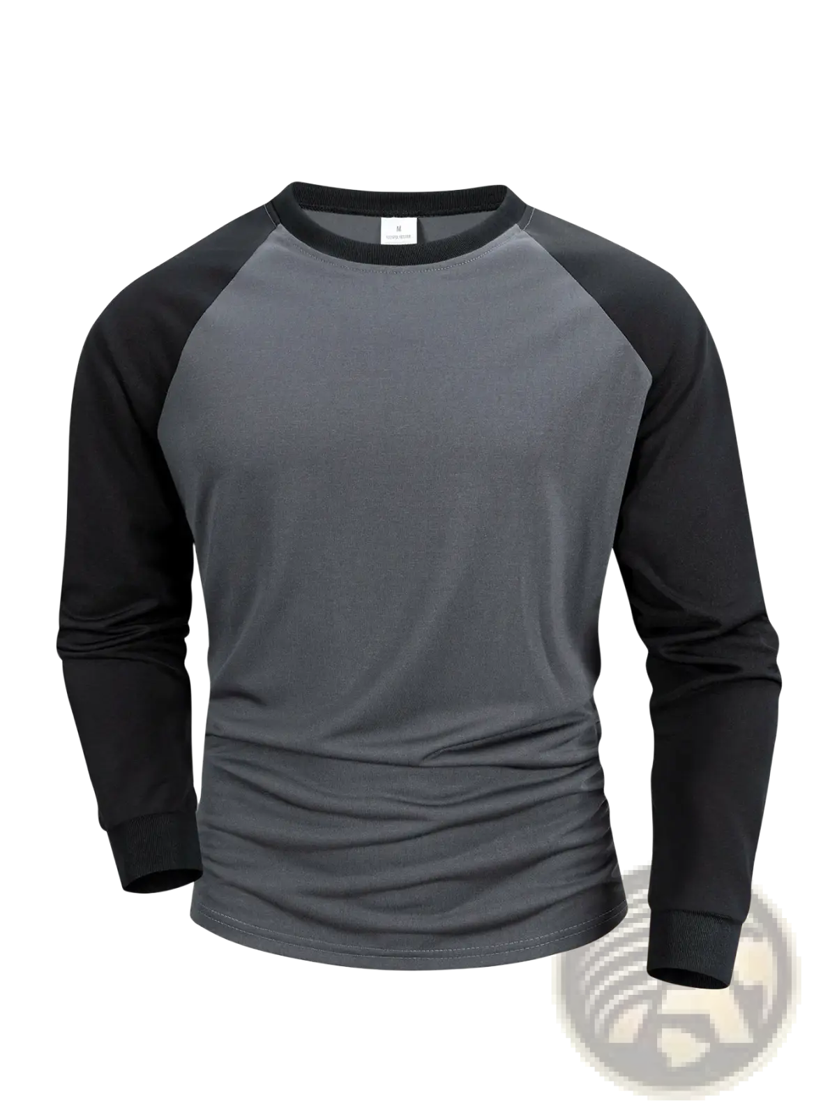 Mens raglan long sleeve casual t-shirt in black and gray with a crew neck and soft cotton blend fabric