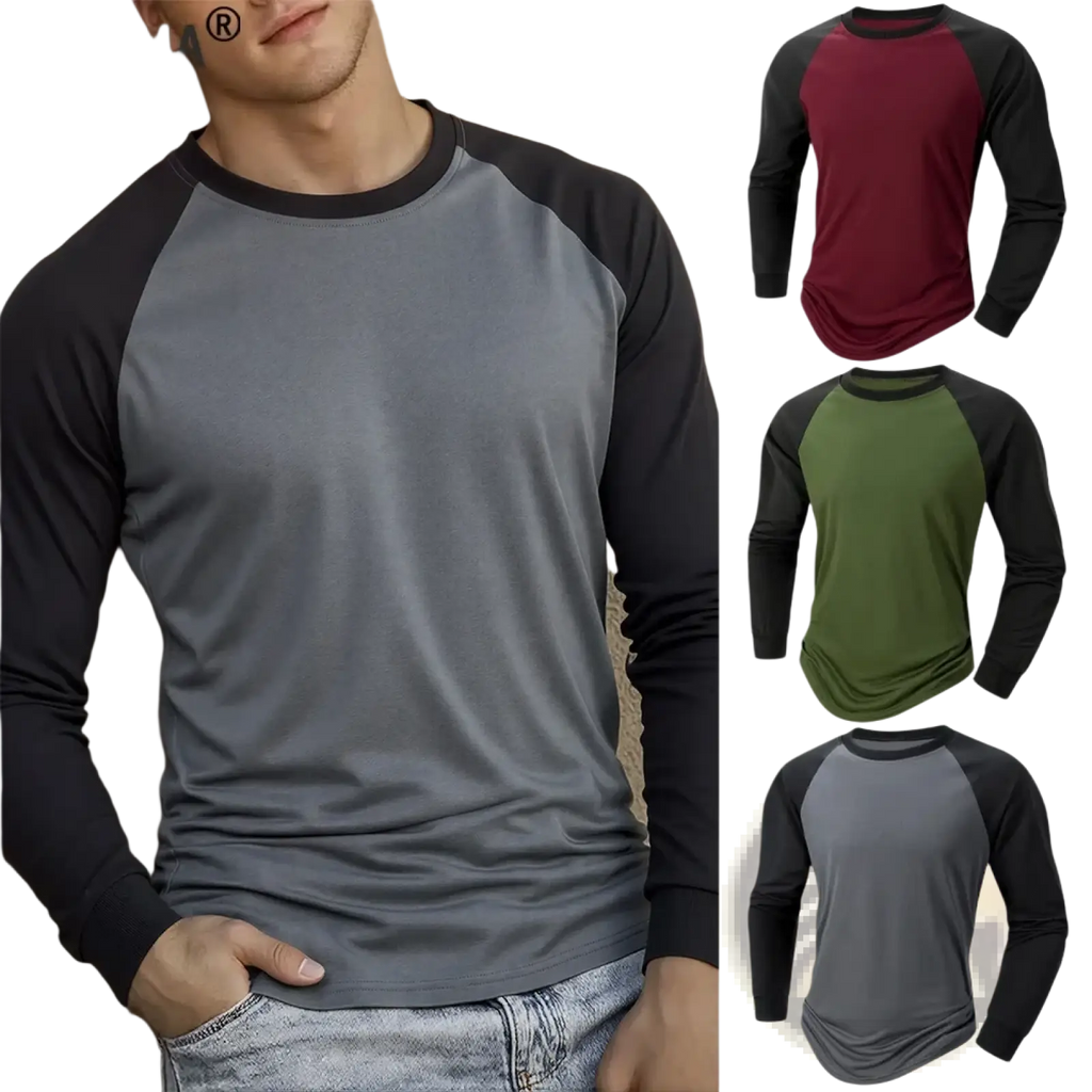 Gray and black raglan sleeve mens long sleeve casual t-shirt by bevama made of comfortable fabric