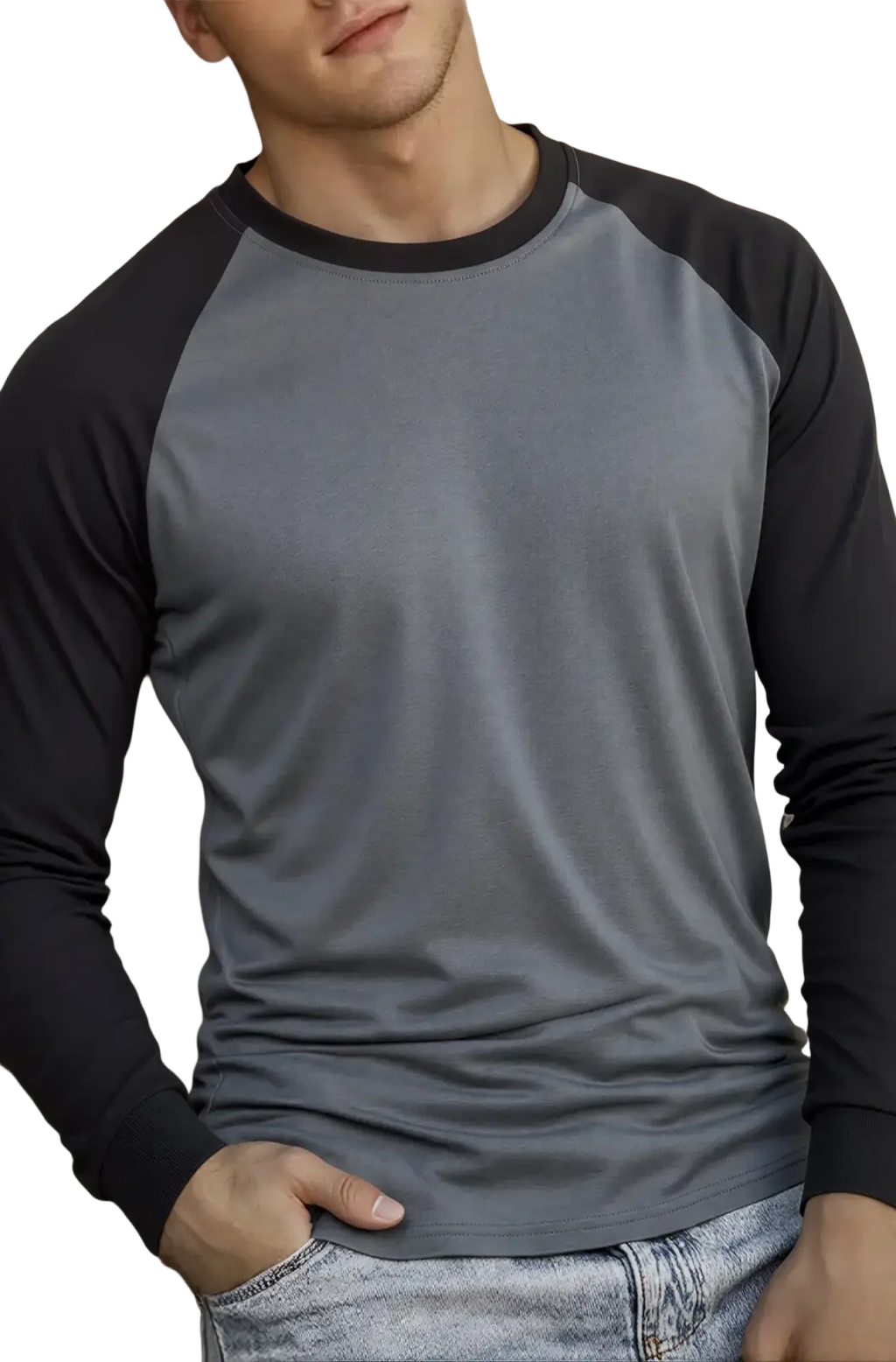 Mens raglan long sleeve casual t-shirt in gray and black with ribbed crew neckline and cotton blend fabric