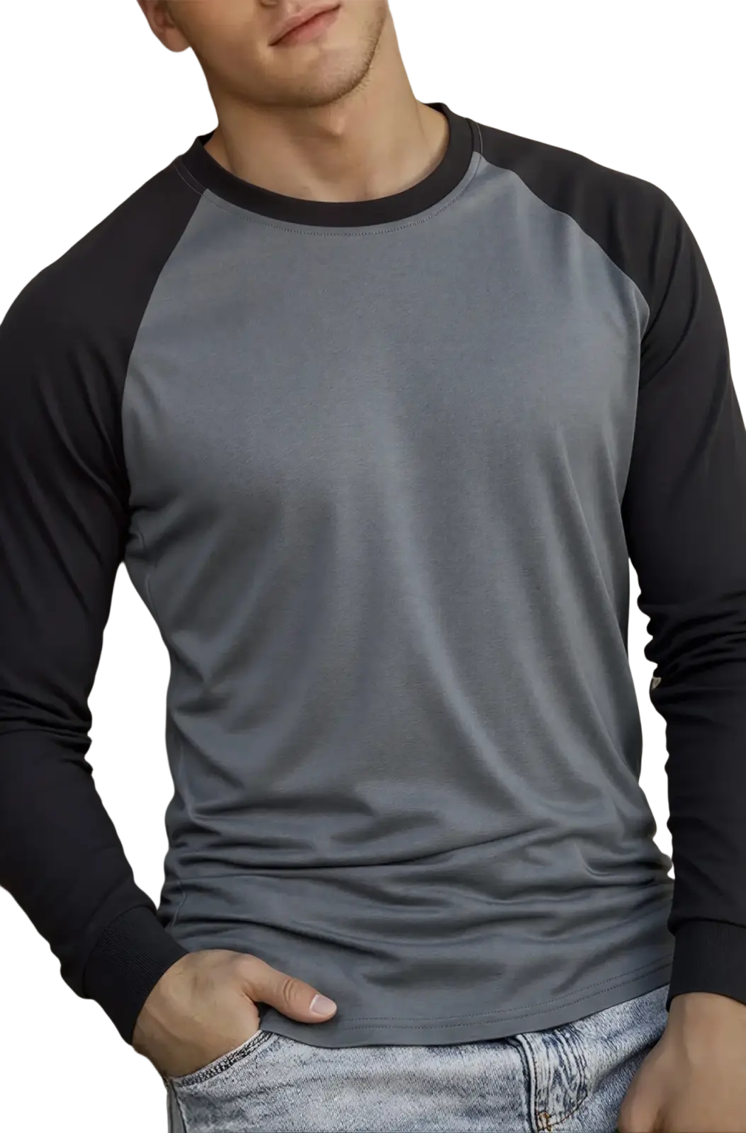 Mens raglan long sleeve casual t-shirt in gray and black with ribbed crew neckline and cotton blend fabric