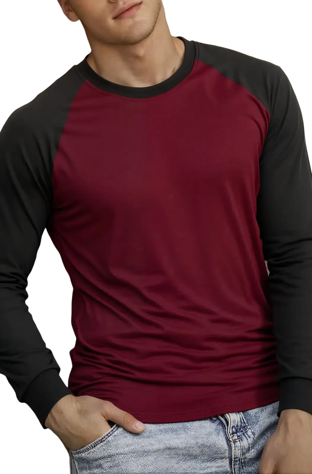 Mens raglan long sleeve casual t-shirt with maroon and black color blocking and comfortable cotton fabric