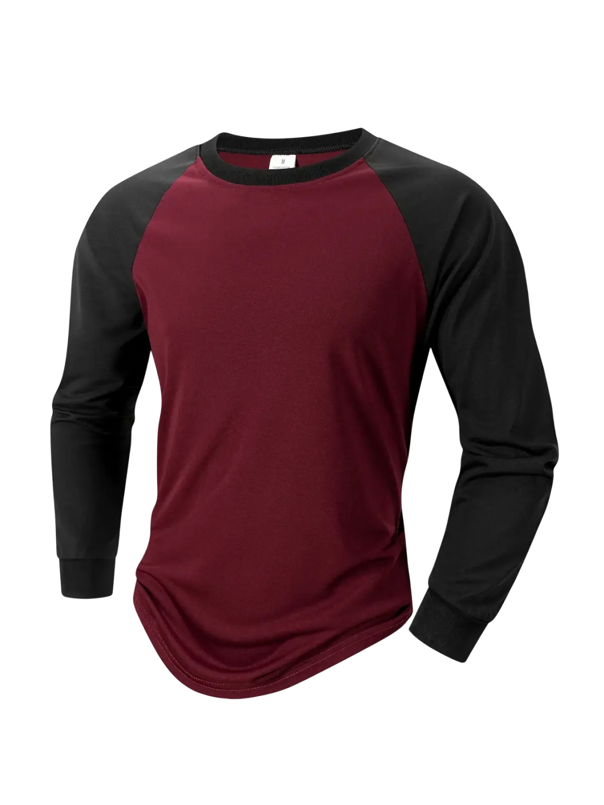 Mens raglan long sleeve casual t-shirt in maroon and black with curved hem made from comfortable fabric