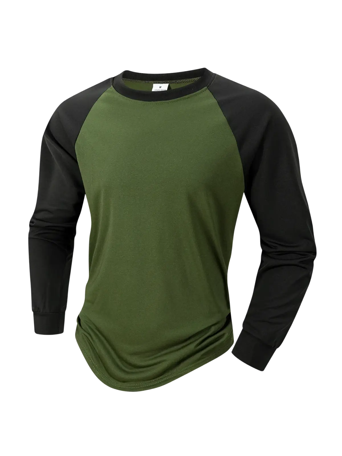 Mens raglan long sleeve casual t-shirt featuring olive green and black raglan sleeves with a crew neck design