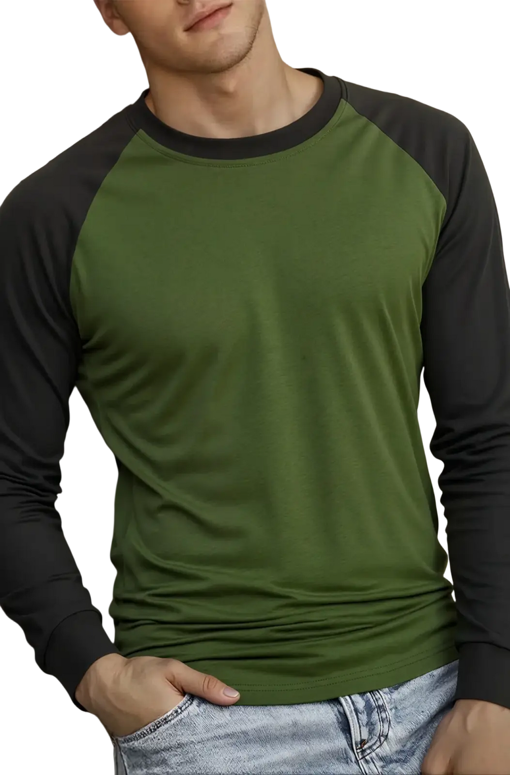 Mens raglan long sleeve casual t-shirt with olive green and black sleeves made from comfortable fabric