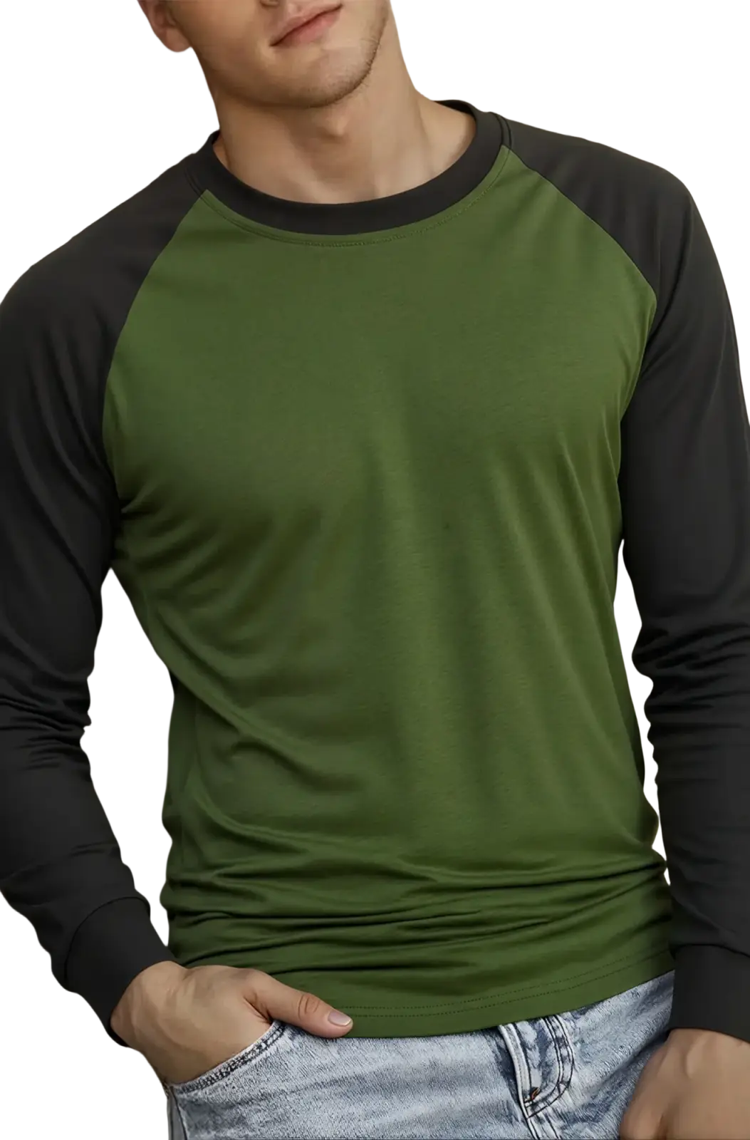 Mens raglan long sleeve casual t-shirt with olive green and black sleeves made from comfortable fabric