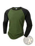 Mens raglan long sleeve casual t-shirt featuring olive green and black raglan sleeves with a crew neck design