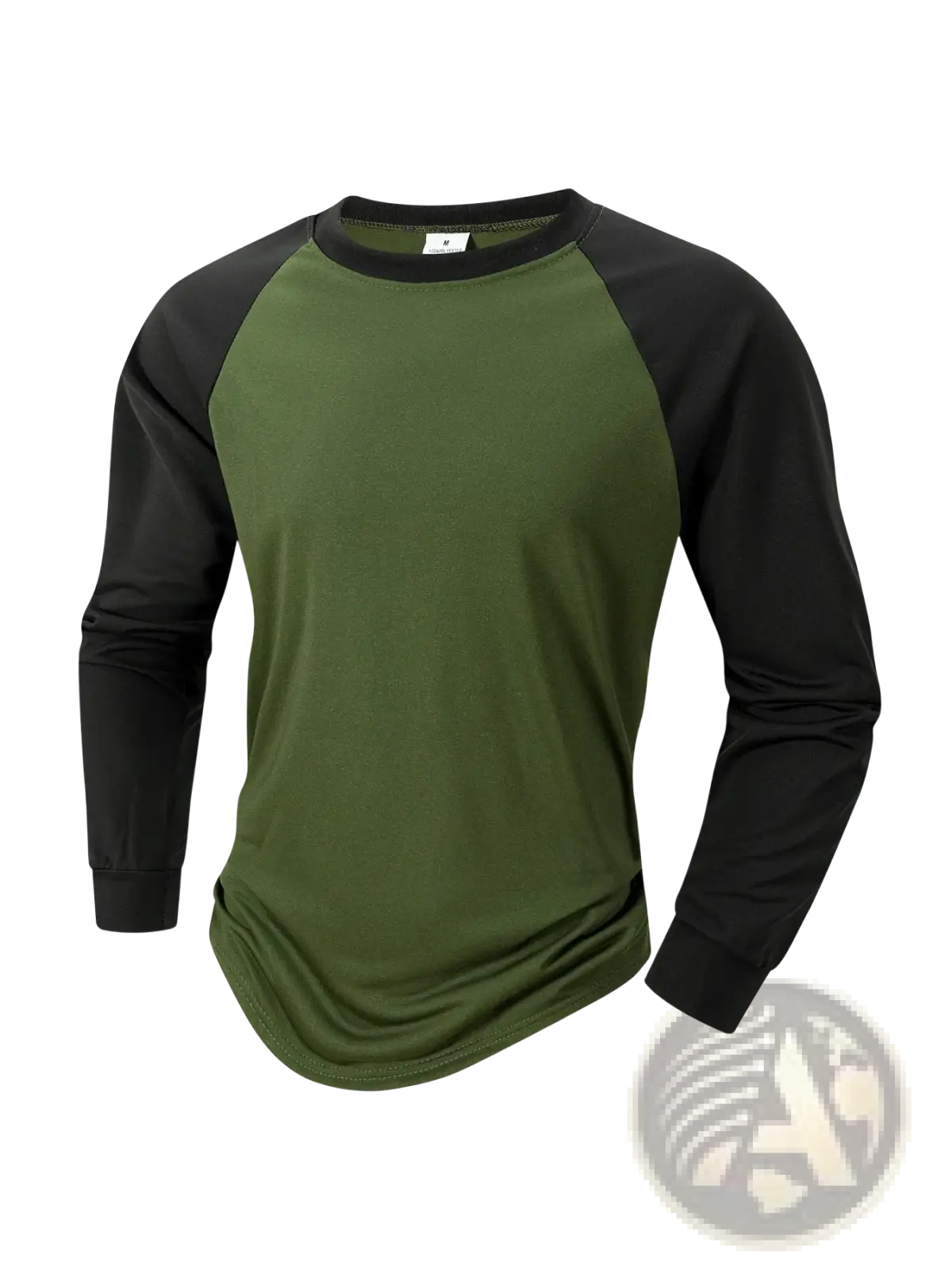 Mens raglan long sleeve casual t-shirt featuring olive green and black raglan sleeves with a crew neck design