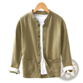 Men’s olive green ramie casual button-up shirt with mandarin collar and contrasting white inner cuffs