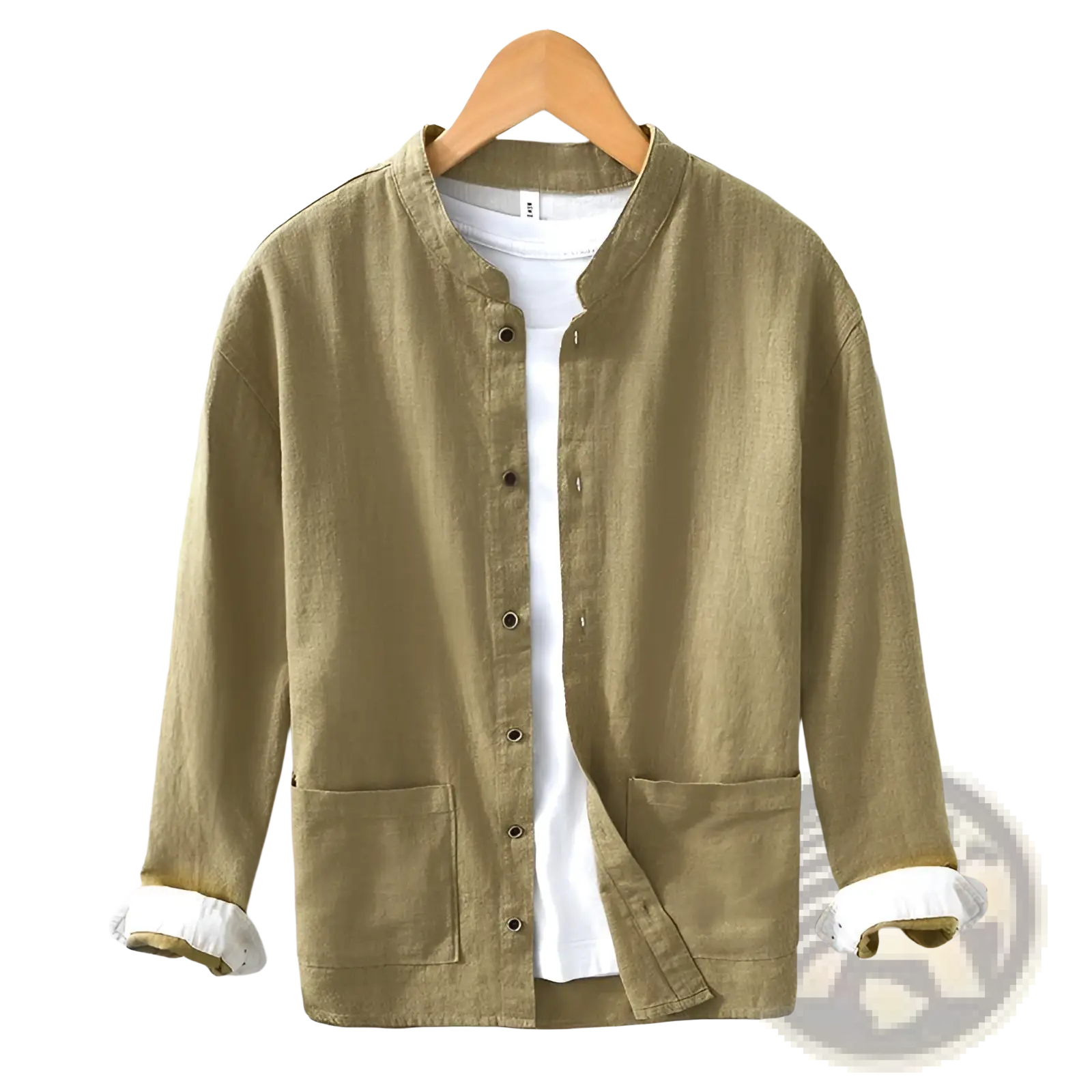 Men’s olive green ramie casual button-up shirt with mandarin collar and contrasting white inner cuffs