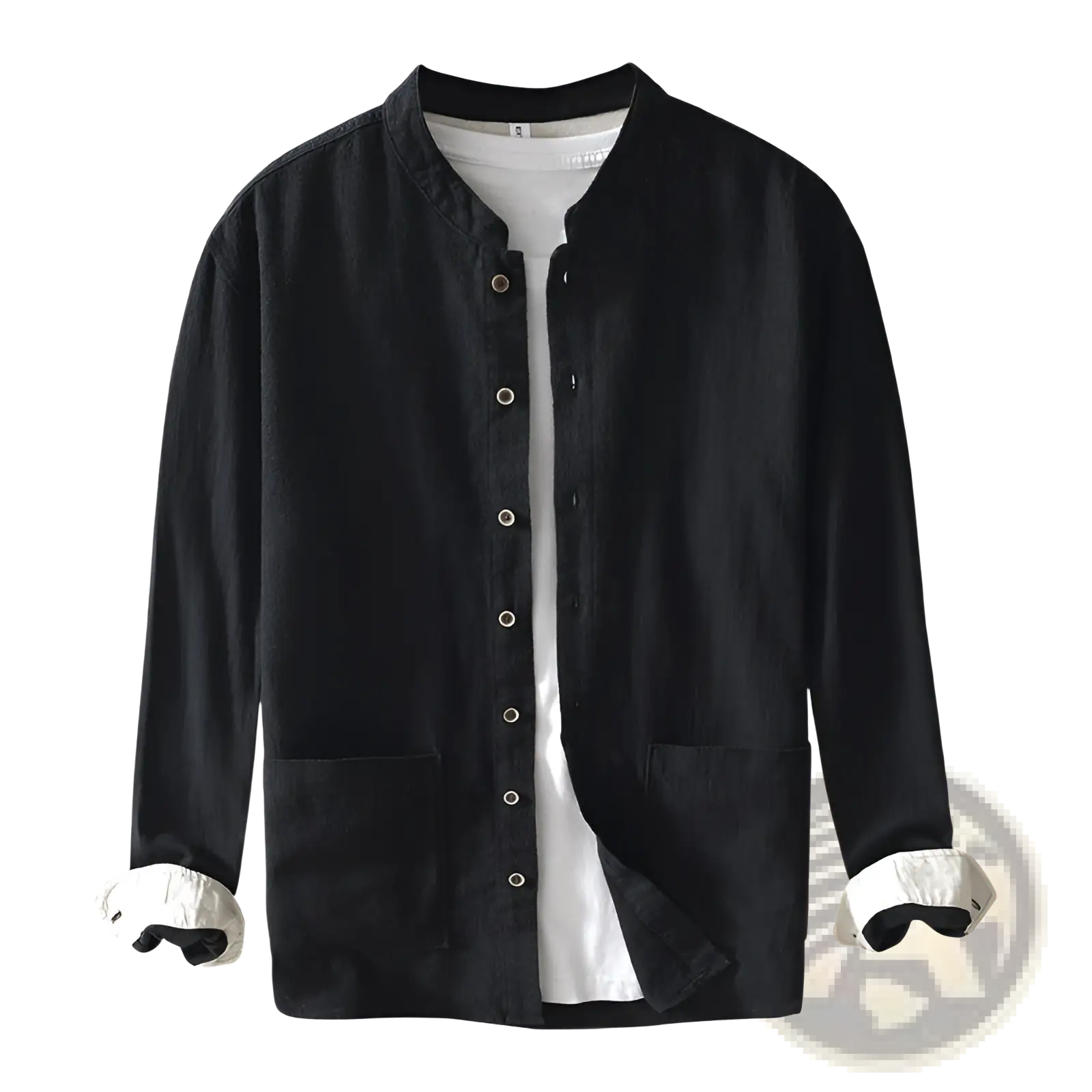 Men’s black ramie mandarin collar casual shirt with button-up front and white inner lining and cuffs