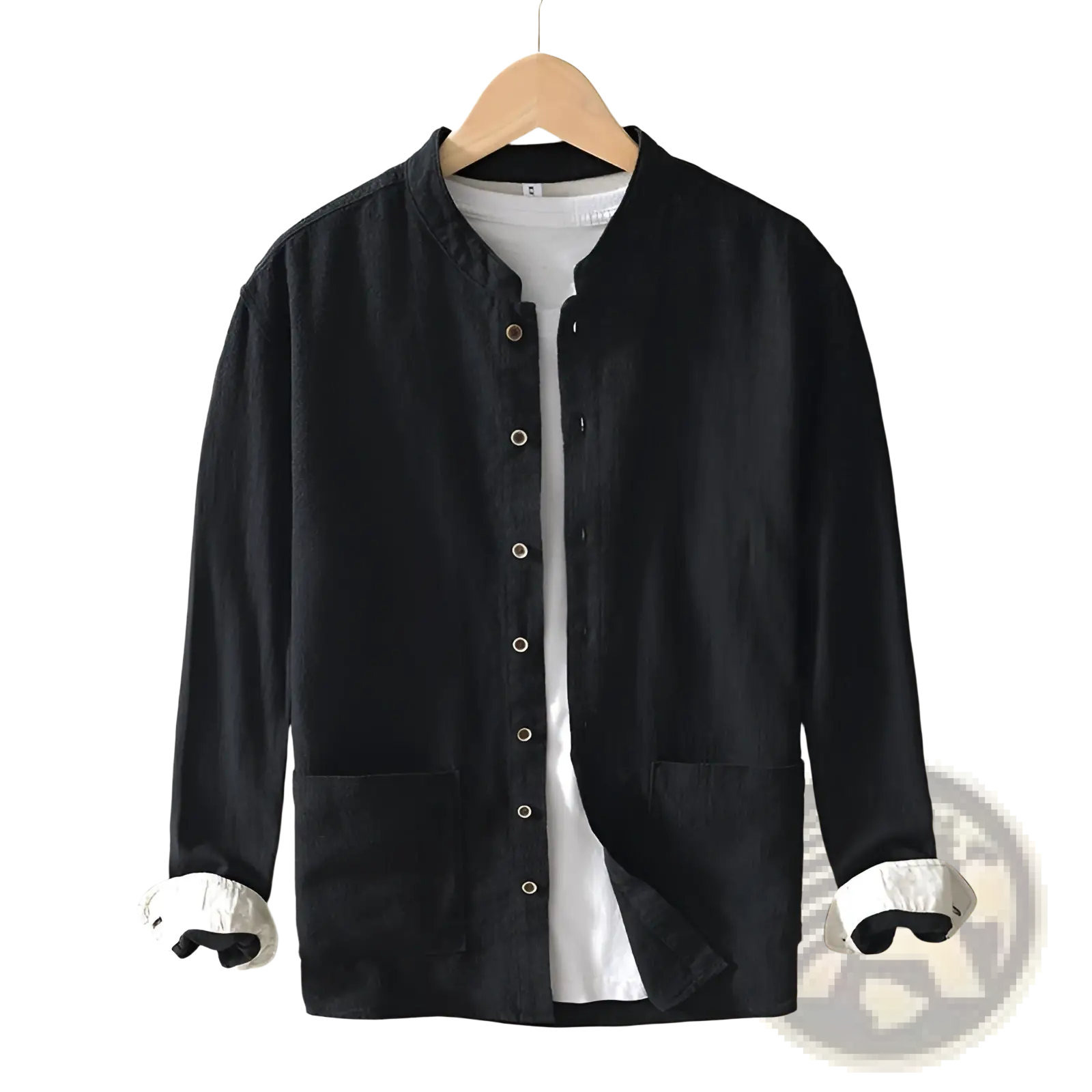 Men’s ramie mandarin collar casual shirt in black linen with white cuffs subtle texture and front button closure