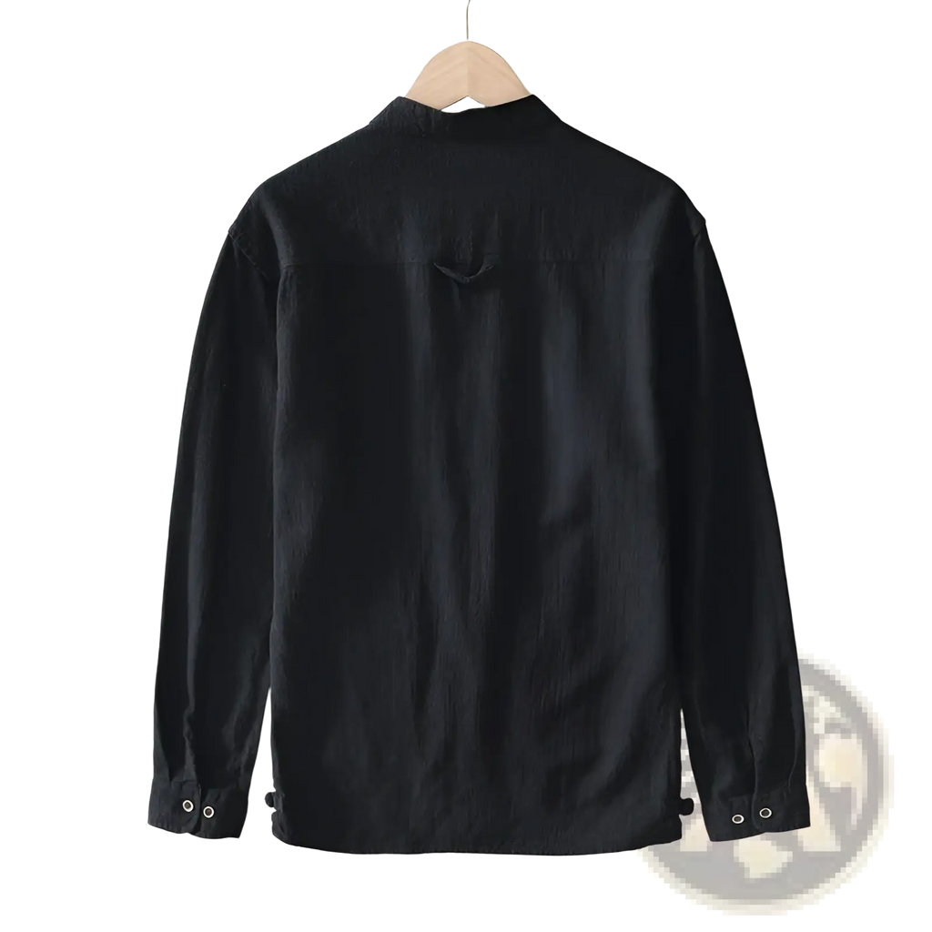 Men’s black ramie long-sleeved casual shirt with mandarin collar and buttoned cuffs made from linen material