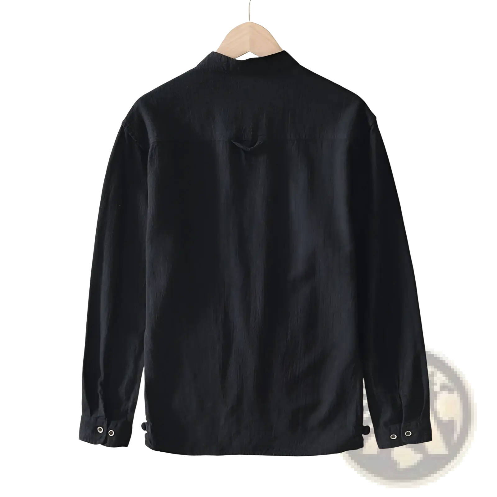 Men’s black ramie long-sleeved casual shirt with mandarin collar and buttoned cuffs made from linen material