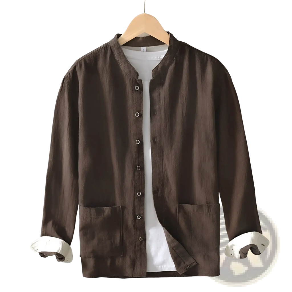 Men’s brown ramie mandarin collar casual shirt with white cuffs and inner lining made of linen fabric