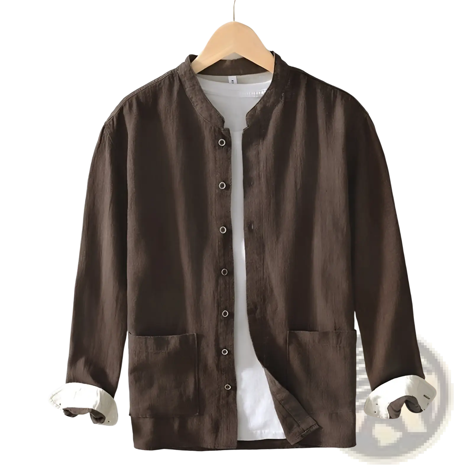 Men’s brown ramie mandarin collar casual shirt with white cuffs and inner lining made of linen fabric