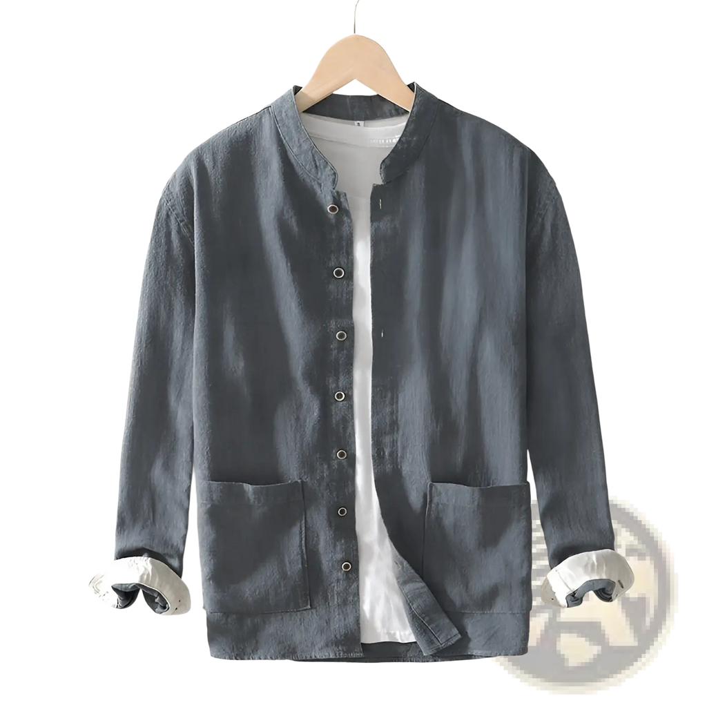Men’s dark gray ramie linen jacket with mandarin collar button-front closure and two front patch pockets