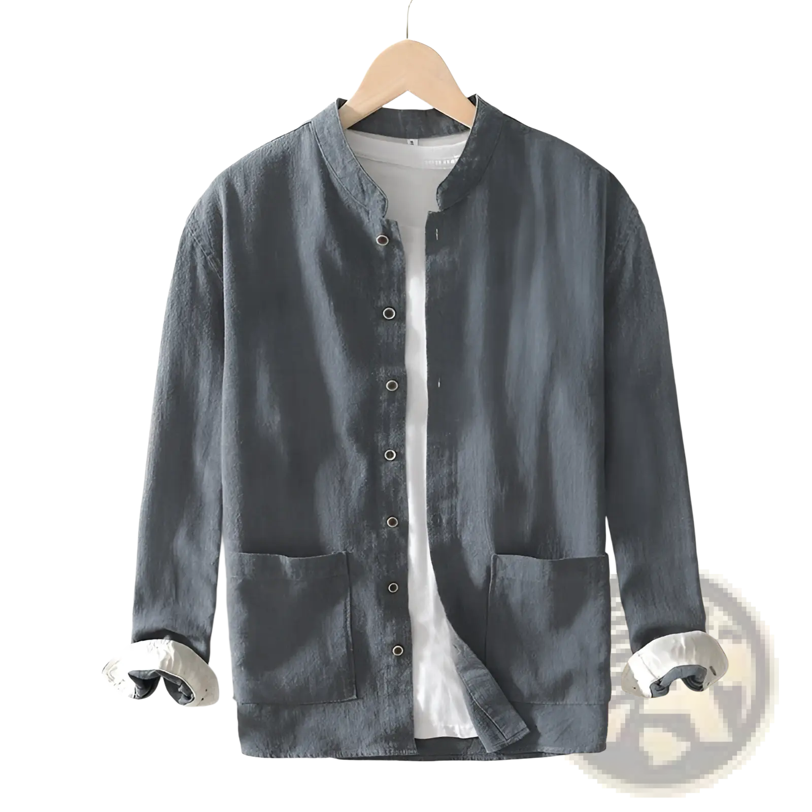 Men’s dark gray ramie linen jacket with mandarin collar button-front closure and two front patch pockets