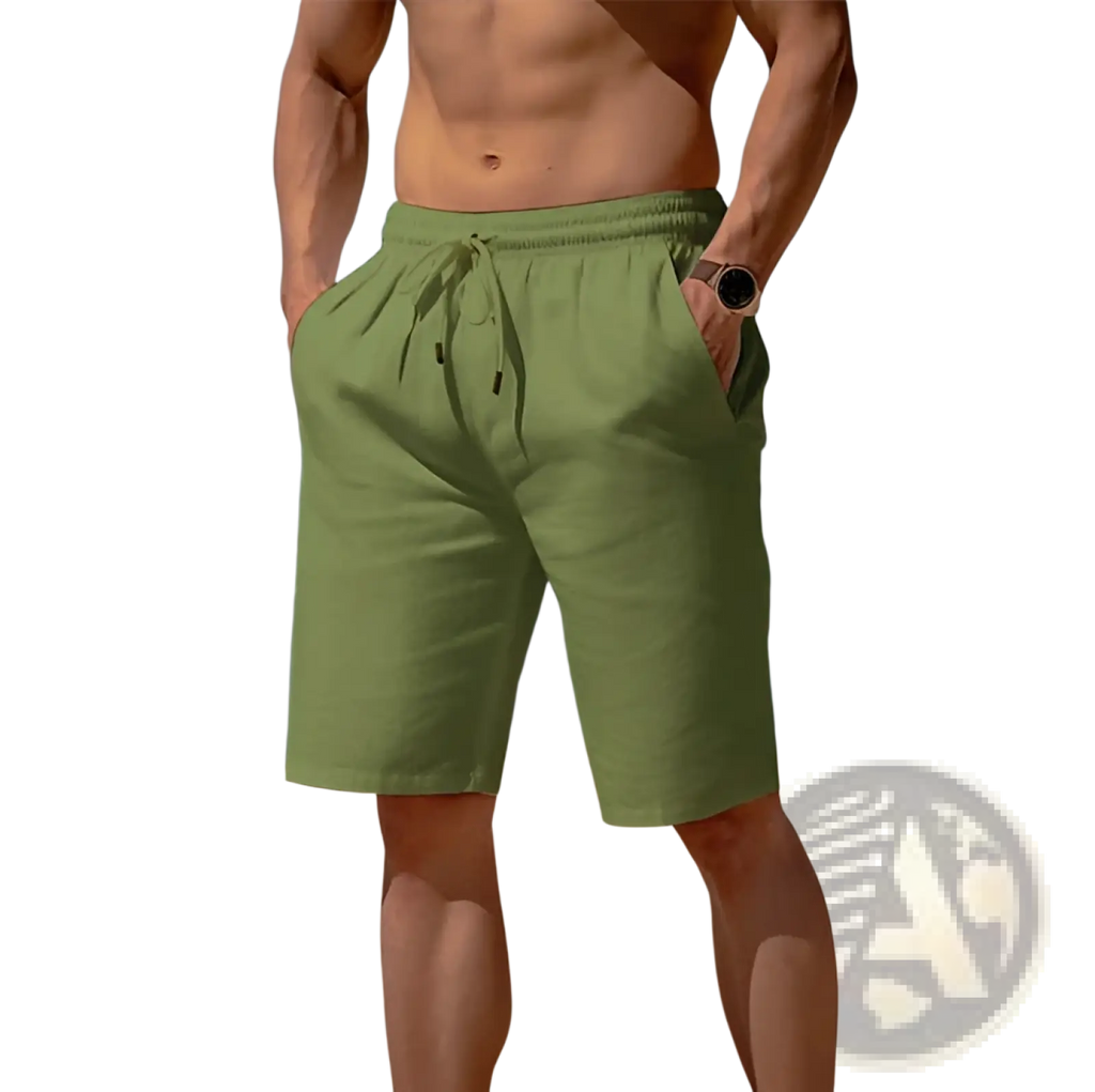 Men’s relaxed olive green cotton linen drawstring beach shorts front view showing fabric texture and fit