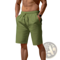 Men’s relaxed olive green cotton linen drawstring beach shorts front view showing fabric texture and fit
