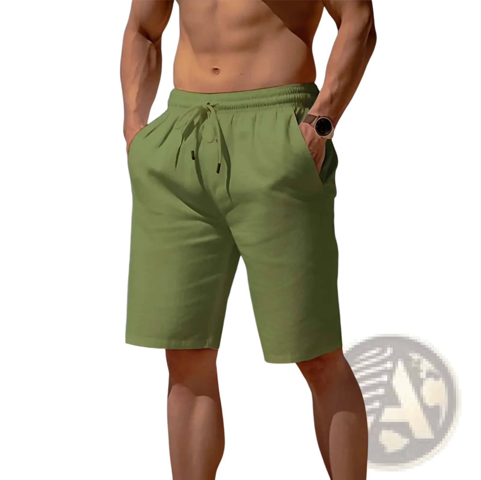 Men’s relaxed olive green cotton linen drawstring beach shorts front view showing fabric texture and fit
