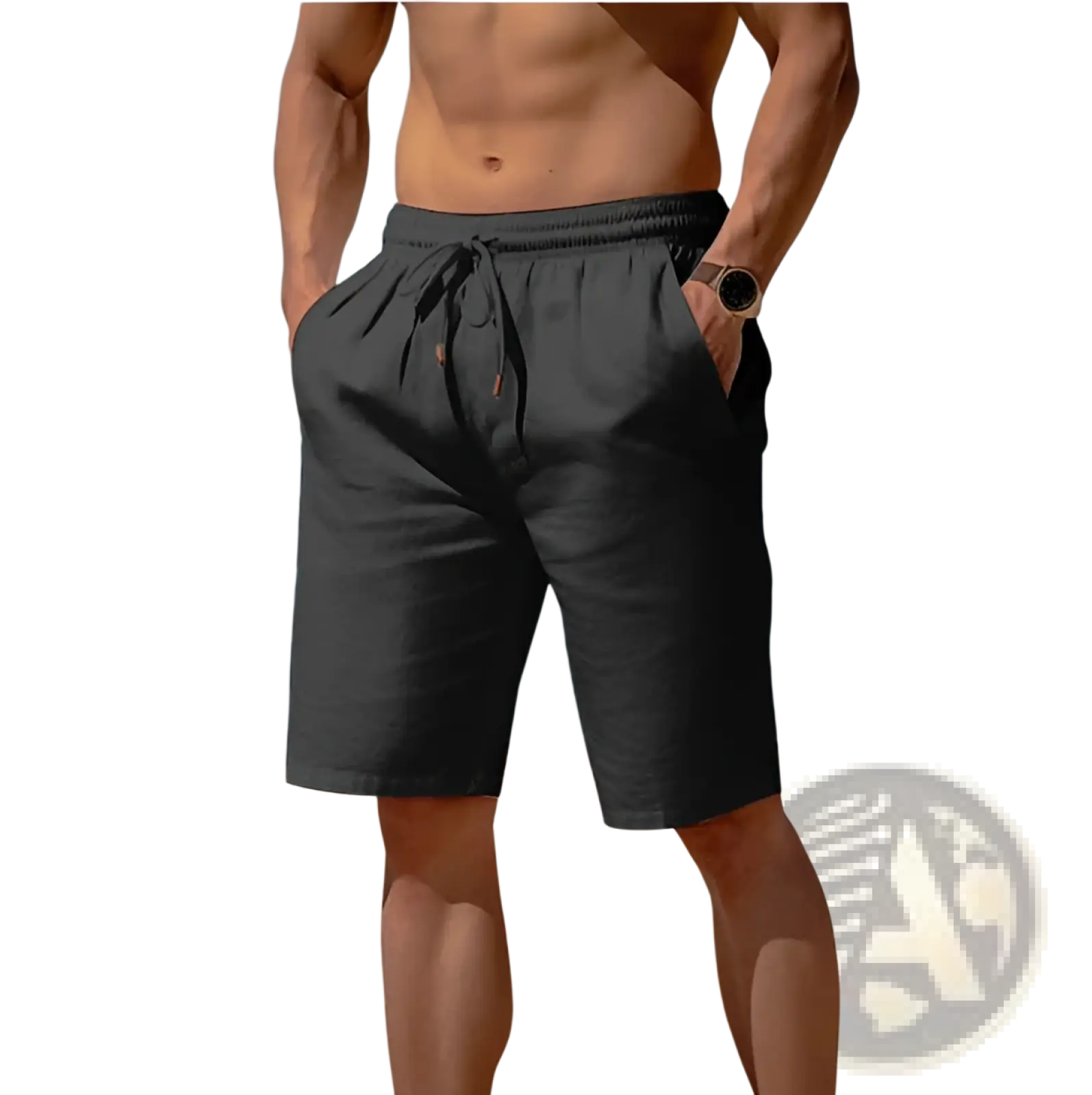 Men’s relaxed black cotton linen drawstring beach shorts with side pockets and a comfortable fit