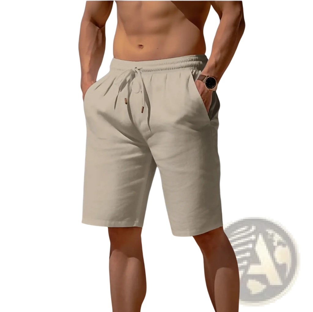 Beige cotton linen men’s relaxed beach shorts with drawstring waistband and side pockets for casual wear