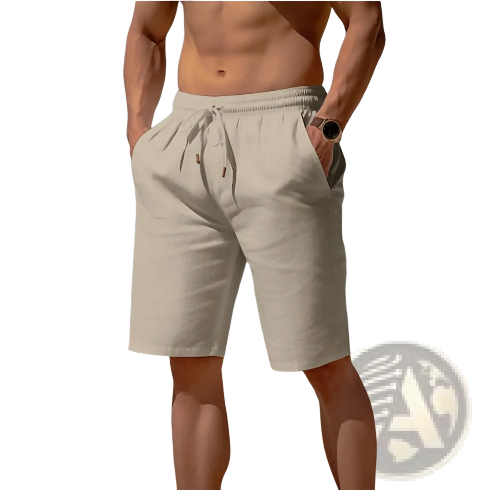 Beige cotton linen men’s relaxed beach shorts with drawstring waistband and side pockets for casual wear