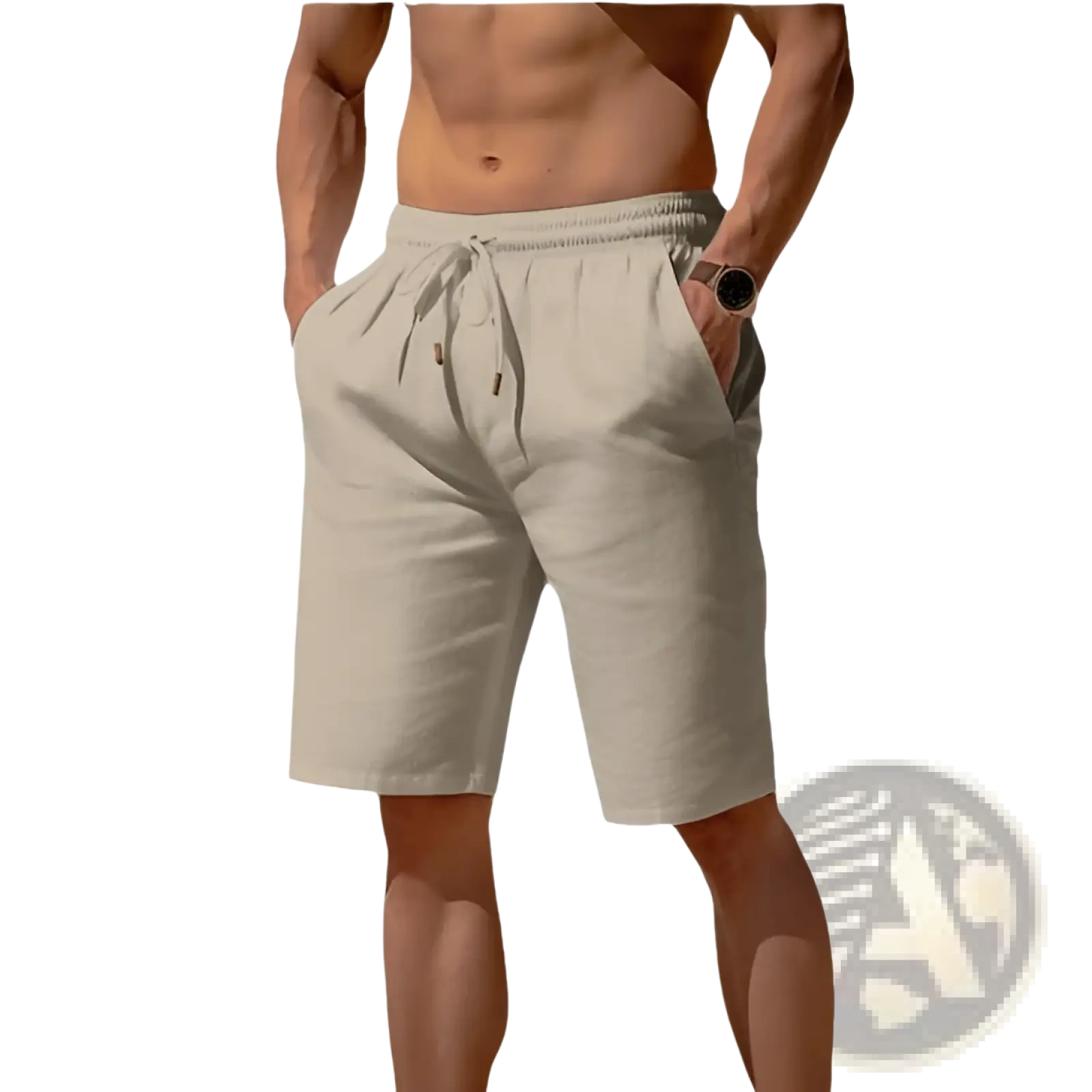 Beige cotton linen men’s relaxed drawstring beach shorts with side pockets for casual summer wear