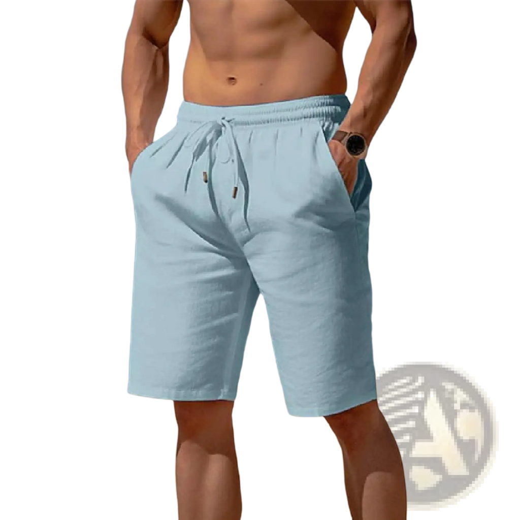 Men’s relaxed light blue cotton linen drawstring beach shorts with breathable fabric and side pockets