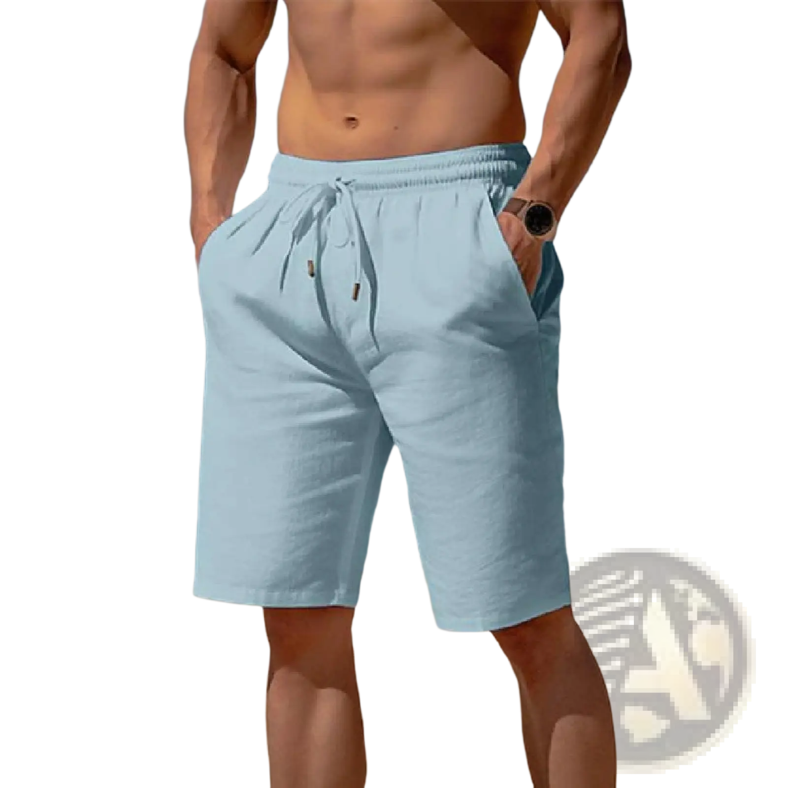 Men’s relaxed light blue cotton linen drawstring beach shorts with breathable fabric and side pockets